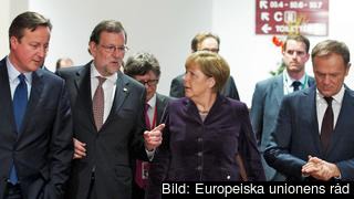 Storbritanniens David Cameron, Spaniens Mariano Rajoy, Tysklands Angela Merkel och Europeiska rådets Donald Tusk. Arkivbild.