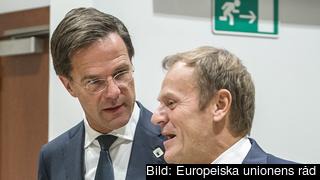 Nederländernas premiärminister Mark Rutte i samspråk med Europeiska rådets ordförande Donald Tusk. Arkivbild.