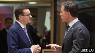 Polens premiärminister Mateusz Morawiecki i samtal med sin nederländske motsvarighet Mark Rutte. Arkivbild.