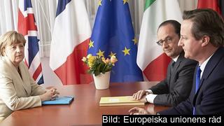 Tyska förbundskanslern Angela Merkel, franske presidenten François Hollande och brittiske premiärministern David Cameron. Arkivbild.