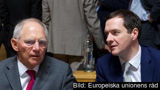 Tysklands finansminister Wolfgang Schäuble och hans brittiska kollega George Osborne varnar för Brexit. Arkivbild.
