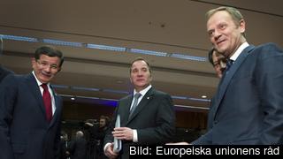 Turkiets premiärminister Ahmet Davutoğlu, statsminister Stefan Löfven och Europeiska rådets ordförande Donald Tusk.