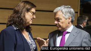 EU:s handelskommissionär Cecilia Malmström i samtal med Belgiens handelsminister Didier Reynders under tisdagens möte. EU:s handelskommissionär Cecilia Malmström i samtal med Belgiens handelsminister Didier Reynders under tisdagens möte.