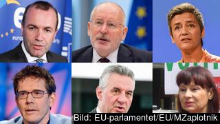 De sex toppkandidaterna. Ovan från vänster: Manfred Weber, Frans Timmermans, Margrethe Vestager. Under från vänster: Bas Eickhout, Jan Zahradil, Violeta Tomič.