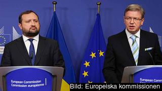 Ukrainas biträdande premiärminister Serhij Arbuzov och EU:s utvidgningskommissionär Štefan Füle under torsdagens presskonferens. Ukrainas biträdande premiärminister Serhij Arbuzov och EU:s utvidgningskommissionär Štefan Füle under torsdagens presskonferens.
