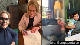 Karin Karlsbro (L), Heléne Fritzon (S), Peter Lundgren (SD) och Abir Al-Sahlani (C) jobbar hemifrån under coronapandemin. 