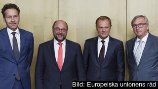 Fyra av de fem EU-ledarna bakom rapporten: Eurogruppens Jeroen Dijsselbloem, EU-parlamentets Martin Schulz, Europeiska rådets Donald Tusk och EU-kommissionens Jean-Claude Juncker.
