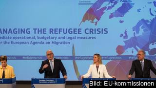 EU-kommissionärerna Kristalina Georgieva, Frans Timmermans, Federica Mogherini och Dimitris Avramopoulos