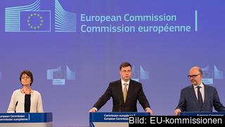 Sysselsättningskommissionär Marianne Thyssen, eurokommissionär Valdis Dombrovskis, ekonomikommissionär Pierre Moscovici. 