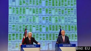 EU:s och Storbritanniens chefsförhandlare, Michel Barnier och David Davis, framför de 129 färgkodade sidorna i utträdesavtalet. EU:s och Storbritanniens chefsförhandlare, Michel Barnier och David Davis, framför de 129 färgkodade sidorna i utträdesavtalet.