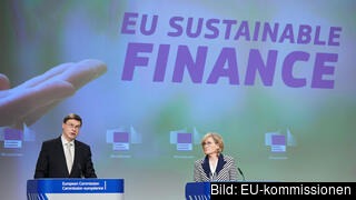 EU-kommissionärerna Valdis Dombrovskis och Mairead McGuinness presenterade EU:s taxonomi på onsdagen. EU-kommissionärerna Valdis Dombrovskis och Mairead McGuinness presenterade EU:s taxonomi på onsdagen.