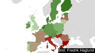 Pressfriheten i EU-länderna, enligt Reportrar utan gränser. Ju grönare, desto högre pressfrihet och vice versa för rött.