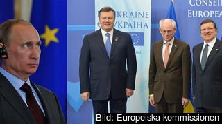 Ryske presidenten Vladimir Putin, hans ukrainske motsvarighet Viktor Janukovitj och EU:s Herman Van Rompuy och José Manuel Barroso.