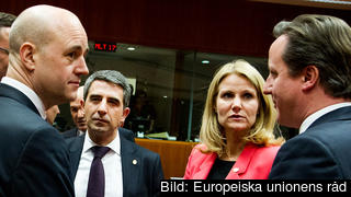 Fredrik Reinfeldt tillsammans med Bulgariens Rosen Plevneliev, Danmarks Helle Thorning-Schmidt och Storbritanniens David Cameron under EU-toppmötet i mars 2013.