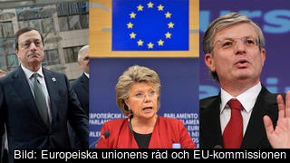 ECB-chefen Mario Draghi, kommissionär Viviane Reding och kommissionär Tonio Borg - tre nyckelspelar i EU under 2012.