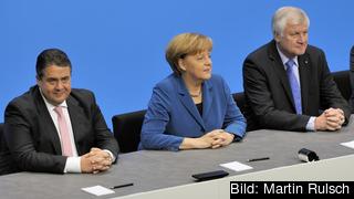 De tre partiledarna. CDU:s Angela Merkel, CSU:s Horst Seehofer och SPD:s Sigmar Gabriel. Foto: Martin Rulsch